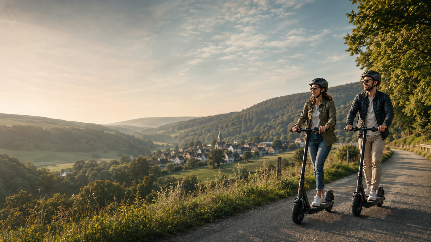 KI-generiertes Bild: E-Scooter-Verleih in der Eifel – Paar auf E-Scootern vor Eifel-Landschaft